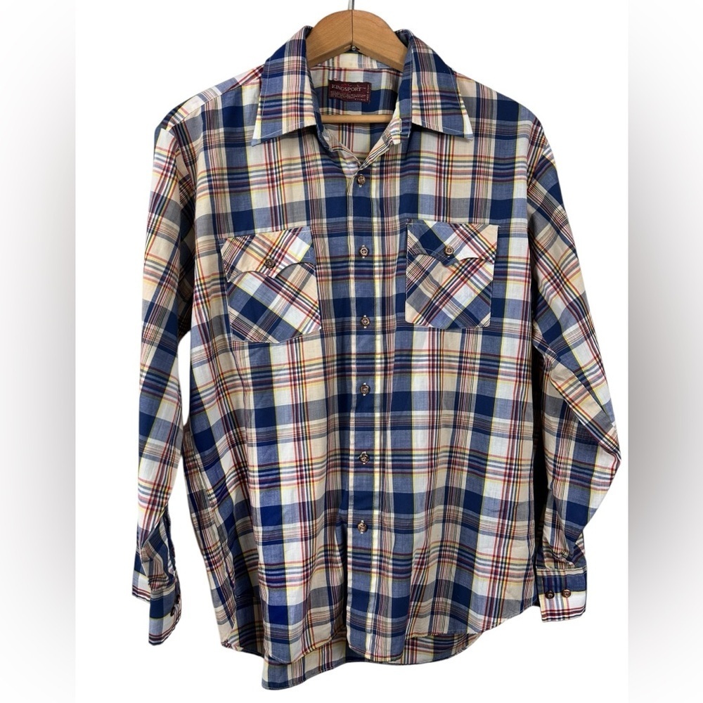 Vintage Western Shirt, L-XL, plaid, lightweight poly-cotton Cowboy Rodeo Country